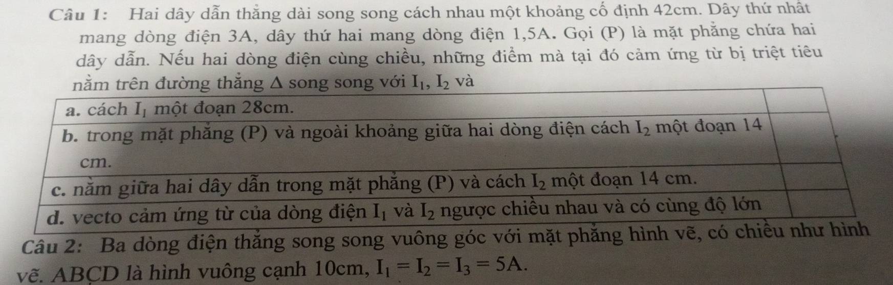 Hai dây dẫn thẳng dài song song cách nhau một khoảng cố định 42cm. Dây thứ nhất
mang dòng điện 3A, dây thứ hai mang dòng điện 1,5A. Gọi (P) là mặt phẳng chứa hai
dây dẫn. Nếu hai dòng điện cùng chiều, những điểm mà tại đó cảm ứng từ bị triệt tiêu
Câu 2: Ba dòng điện thắng song song vuông góc với mặt phăng hình vẽ,
vẽ. ABCD là hình vuông cạnh 10cm, I_1=I_2=I_3=5A.