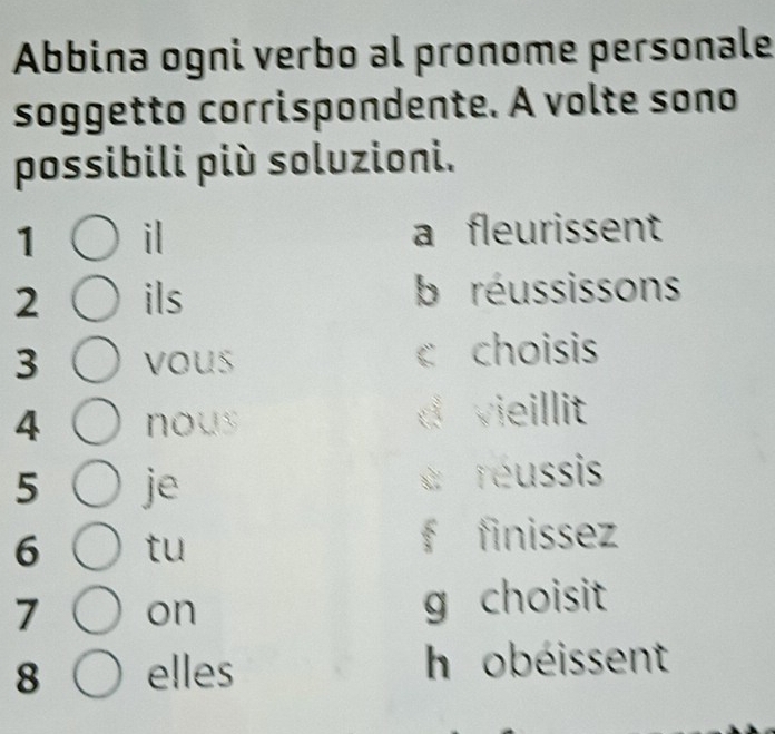 Abbina ogni verbo al pronome personale
soggetto corrispondente. A volte sono
possibili più soluzioni.
1 il a fleurissent
2 ils b réussissons
3 vous c choisis
4 nous d vieillit
5 je è réussis
6 tu f finissez
7 on g choisit
8 elles h obéissent