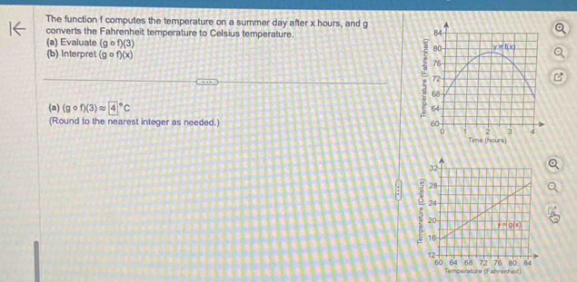 The function f computes the temperature on a summer day after x hours, and g
converts the Fahrenheit temperature to Celsius temperature.
(a) Evaluate (gcirc f)(3)
(b) Interpret (gcirc f)(x)
:
z
(a) (gcirc f)(3)approx 4°C
(Round to the nearest integer as needed.) 
Time (nours)
5
erature (Fahrenhet)