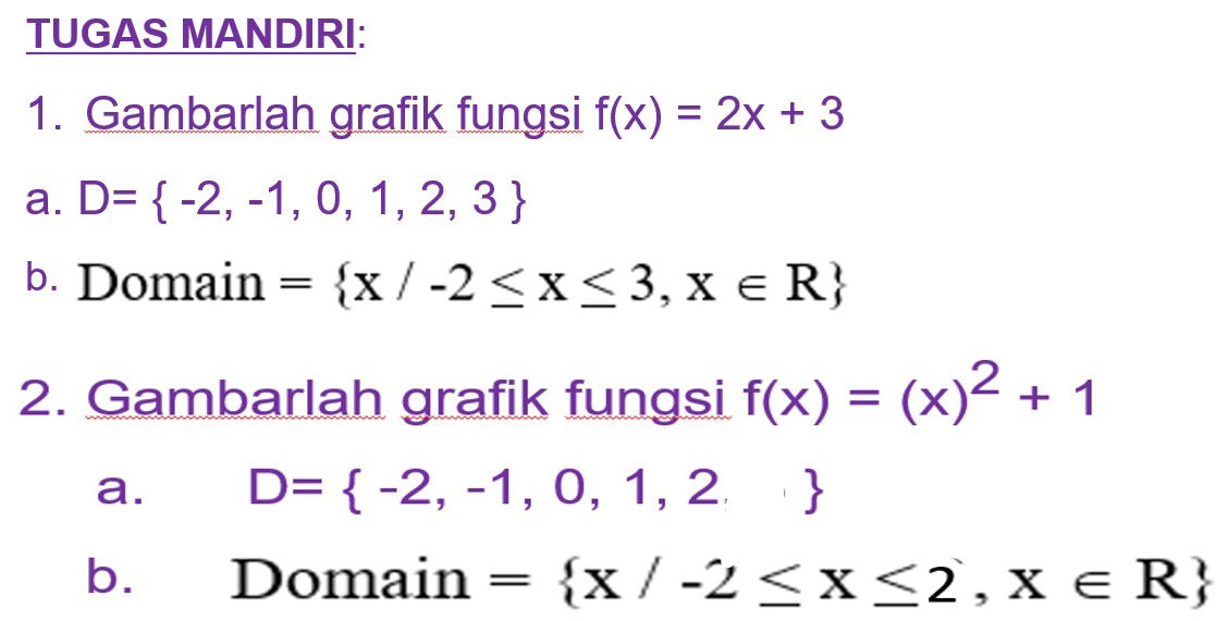 TUGAS MANDIRI: 
1. Gambarlah grafik fungsi f(x)=2x+3
a. D= -2,-1,0,1,2,3
b. Domain = x/-2≤ x≤ 3,x∈ R
2. Gambarlah grafik fungsi f(x)=(x)^2+1
a. D= -2,-1,0,1,2,
b. Domain = x/-2≤ x≤ 2,x∈ R