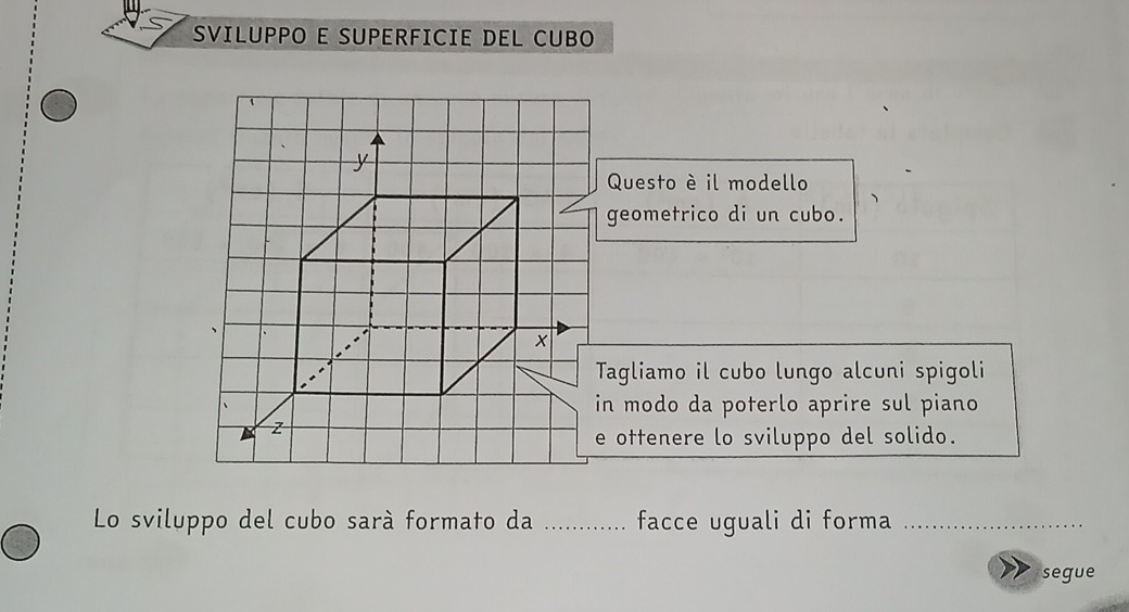 SVILUPPO E SUPERFICIE DEL CUBO 
Questo è il modello 
geometrico di un cubo. 
Tagliamo il cubo lungo alcuni spigoli 
in modo da poterlo aprire sul piano 
e ottenere lo sviluppo del solido. 
Lo sviluppo del cubo sarà formato da _facce uguali di forma_ 
segue