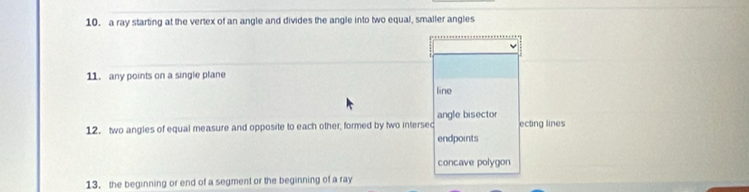 a ray starting at the vertex of an angle and divides the angle into two equal, smaller angles
11. any points on a single plane
line
angle bisector
12. two angles of equal measure and opposite to each other, formed by two intersec ecting lines
endpoints
concave polygon
13. the beginning or end of a segment or the beginning of a ray