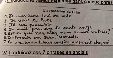 indiquez la valeur exprimée dans châque phras 
L'expression du futur 
2/ Traduisez ces 7 phrases en anglais :