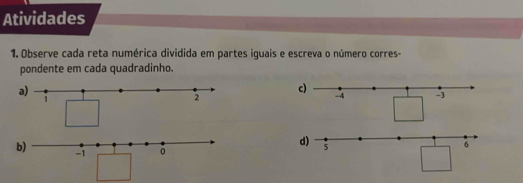 Atividades 
1. Observe cada reta numérica dividida em partes iguais e escreva o número corres- 
pondente em cada quadradinho. 
a) 
c)
1
2
-4
-3
b) 
d) 5 6
-1
0