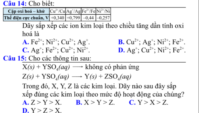 Cho biết:
Dãy sắp xếp các ion kim loại theo chiều tăng dần tính oxi
hoá là
A. Fe^(2+);Ni^(2+);Cu^(2+);Ag^+. B. Cu^(2+);Ag^+;Ni^(2+);Fe^(2+).
C. Ag^+;Fe^(2+);Cu^(2+);Ni^(2+). D. Ag^+;Cu^(2+);Ni^(2+);Fe^(2+).
Câu 15: Cho các thông tin sau:
X(s)+YSO_4(aq)to khhat On g có phản ứng
Z(s)+YSO_4(aq)to Y(s)+ZSO_4(aq)
Trong đó, X, Y, Z là các kim loại. Dãy nào sau đây sắp
xếp đúng các kim loại theo mức độ hoạt động của chúng?
A. Z>Y>X. B. X>Y>Z. C. Y>X>Z.
D. Y>Z>X.