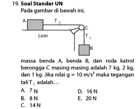 Soal Standar UN
Pada gambar di bawah ini,
massa benda A, benda B, dan roda katrol
berongga C masing-masing adalah 7 kg, 2 kg,
dan 1 kg. Jika nilai g=10m/s^2 maka tegangan
tali T_1 adalah...
A. 7 N D. 16 N
B. 8 N E. 20 N
C. 14 N