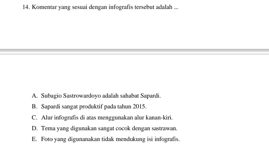 Komentar yang sesuai dengan infografis tersebut adalah ...
A. Subagio Sastrowardoyo adalah sahabat Sapardi.
B. Sapardi sangat produktif pada tahun 2015.
C. Alur infografis di atas menggunakan alur kanan-kiri.
D. Tema yang digunakan sangat cocok dengan sastrawan.
E. Foto yang digunanakan tidak mendukung isi infografis.