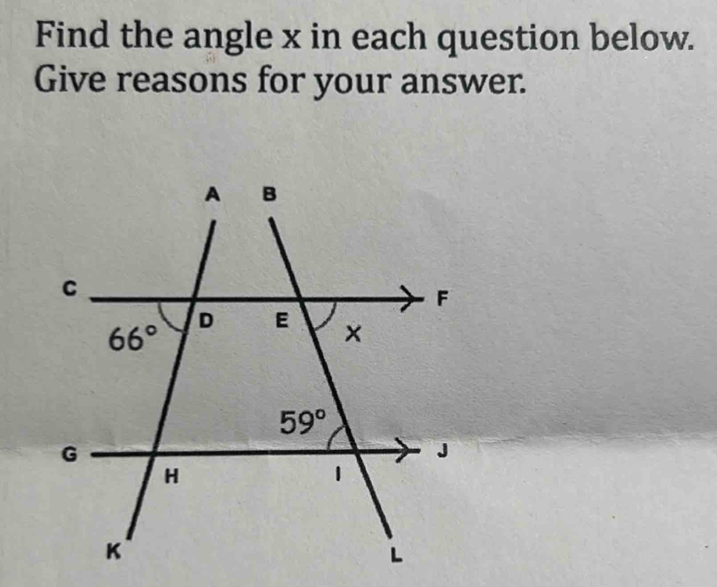 Find the angle x in each question below.
Give reasons for your answer.