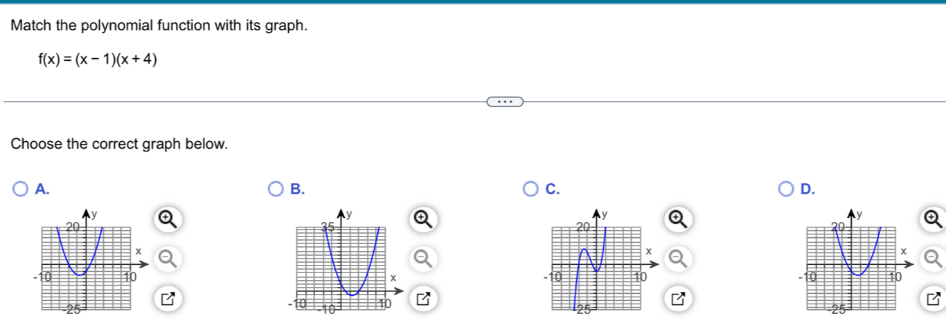 Match the polynomial function with its graph.
f(x)=(x-1)(x+4)
Choose the correct graph below. 
A. 
B. 
C. 
D.