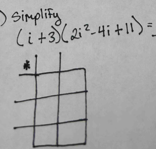 )Simplify
(i+3)(2i^2-4i+11)=