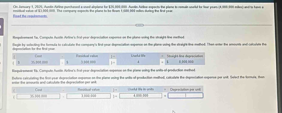 On January 1, 2025, Austin Airline purchased a used airplane for $35,000,000. Austin Airline expects the plane to remain useful for four years (4,000,000 miles) and to have a
residual value of $3,000,000. The company expects the plane to be flown 1,600,000 miles during the first year.
Read the requirements.
Requirement 1a. Compute Austin Airline's first-year depreciation expense on the plane using the straight-line method
Begin by selecting the formula to calculate the company's first-year depreciation expense on the plane using the straight-line method. Then enter the amounts and calculate the
depreciation for the first year
Cost Residual value )* Useful life Straight-line depreciation
35,000,000 $ 3,000,000 ) ÷ 4 $ 8,000,000
Requirement 1b. Compute Austin Airline's first-year depreciation expense on the plane using the units-of-production method.
Before calculating the first-year depreciation expense on the plane using the units-of-production method, calculate the depreciation expense per unit. Select the formula, then
enter the amounts and calculate the depreciation per unit.
( Cost Residual value ) + Useful life in units Depreciation per unit
( 35,000.000. 3,000,000 4,000,000