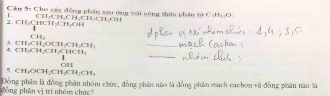 Cho các động phân sau ứng với công thức phân tử C_5H_12O : 
1. CH_3CH_2CH_2CH_2CH_2OH
2. CH_3CHCH_2CH_2OH^ CH_3
3. 
4. beginarrayr CH_3CH_2OCH_2CH_3CH_3 CH_3CH_2CH_2CHCH_3Hendarray
_ 
_ 
5. CH_3OCH_2CH_2CH_2CH_3
Đồng phân là đồng phân nhóm chức, đồng phân nào là đồng phân mạch cacbon và đồng phân nào là 
dông phân vị trí nhóm chức?