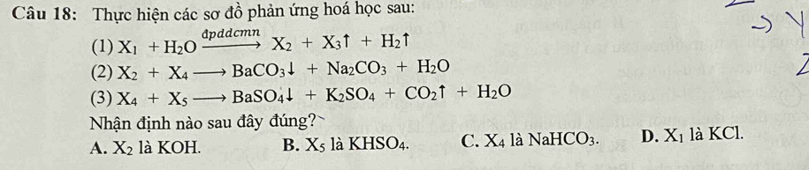 Thực hiện các sơ đồ phản ứng hoá học sau:
(1) X_1+H_2Oxrightarrow dpddcmnX_2+X_3uparrow +H_2uparrow
(2) X_2+X_4to BaCO_3downarrow +Na_2CO_3+H_2O
(3) X_4+X_5to BaSO_4downarrow +K_2SO_4+CO_2uparrow +H_2O
Nhận định nào sau đây đúng?
A. X_2 là KOH. B. X_51aKHSO_4. C. X_4 ∠ 2 NaHCO_3. D. X_1 là KCl.