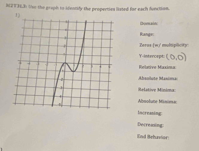 M2T3L3: Use the graph to identify the properties listed for each function. 
Domain: 
Range: 
Zeros (w/ multiplicity: 
Y-intercept: 
Relative Maxima: 
Absolute Maxima: 
Relative Minima: 
Absolute Minima: 
Increasing: 
Decreasing: 
End Behavior: