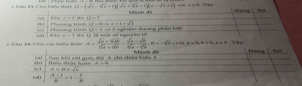 Phép toàn
* Câu 23. Cho biểu thức Q=(sqrt(x)-sqrt[4](x)+1)(sqrt(x)+sqrt[4](x)+1)(x-sqrt(x)+1) vén x≥ 0 , Vậy :
* Câu 24. Cho các biểu thức A= (sqrt(a)+sqrt[4](ab))/sqrt[4](a)+sqrt[4](b) - (sqrt(a)-sqrt(b))/sqrt[4](a)-sqrt[4](b) ;B=-sqrt[4](b); với a>0,b>0,a!= b Vhy