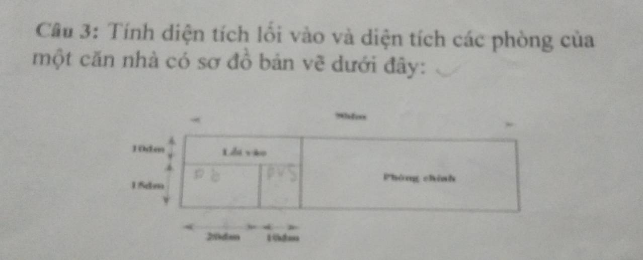 Cầu 3: Tính diện tích lối vào và diện tích các phòng của 
một căn nhà có sơ đồ bản vẽ dưới đây: 
20de 1 Uhgass