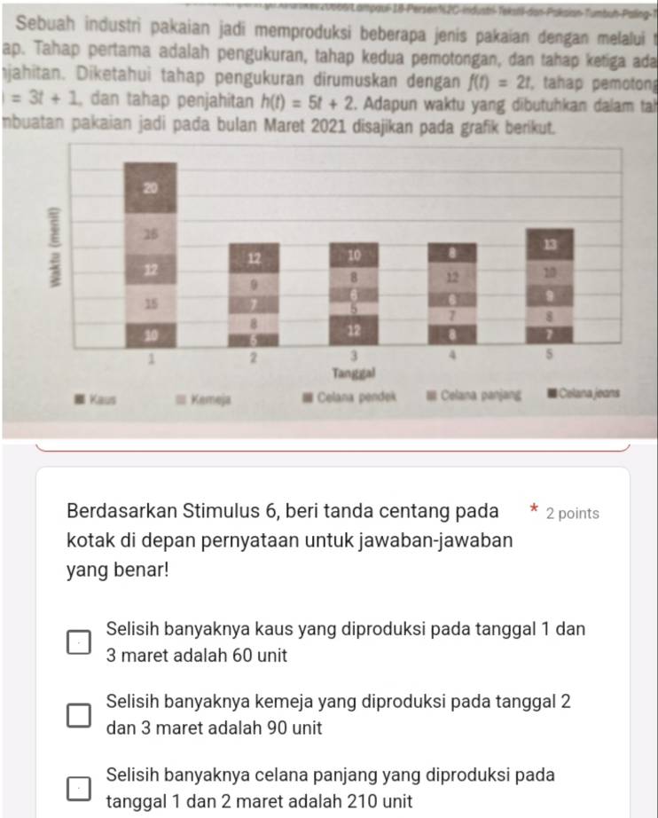 I8-Persen162C-industi-Tekst-dan-Paksian-Tumbuḥ-Paling-1
Sebuah industri pakaian jadi memproduksi beberapa jenis pakaian dengan melalui t
ap. Tahap pertama adalah pengukuran, tahap kedua pemotongan, dan tahap ketiga ada
jahitan. Diketahui tahap pengukuran dirumuskan dengan f(t)=2t tahap pemoton
=3t+1 , dan tahap penjahitan h(t)=5t+2. Adapun waktu yang dibutuhkan dalam tah
nbuatan pakaian jadi pada bulan Maret 2021 disajikan pada grafik berikut.
Berdasarkan Stimulus 6, beri tanda centang pada * 2 points
kotak di depan pernyataan untuk jawaban-jawaban
yang benar!
Selisih banyaknya kaus yang diproduksi pada tanggal 1 dan
3 maret adalah 60 unit
Selisih banyaknya kemeja yang diproduksi pada tanggal 2
dan 3 maret adalah 90 unit
Selisih banyaknya celana panjang yang diproduksi pada
tanggal 1 dan 2 maret adalah 210 unit