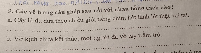 Các vế trong câu ghép sau nối với nhau bằng cách nào?
_
a. Cây lá đu đưa theo chiều gió; tiếng chim hót lảnh lót thật vui tai.
_
b. Vở kịch chưa kết thúc, mọi người đã vỗ tay trầm trồ.