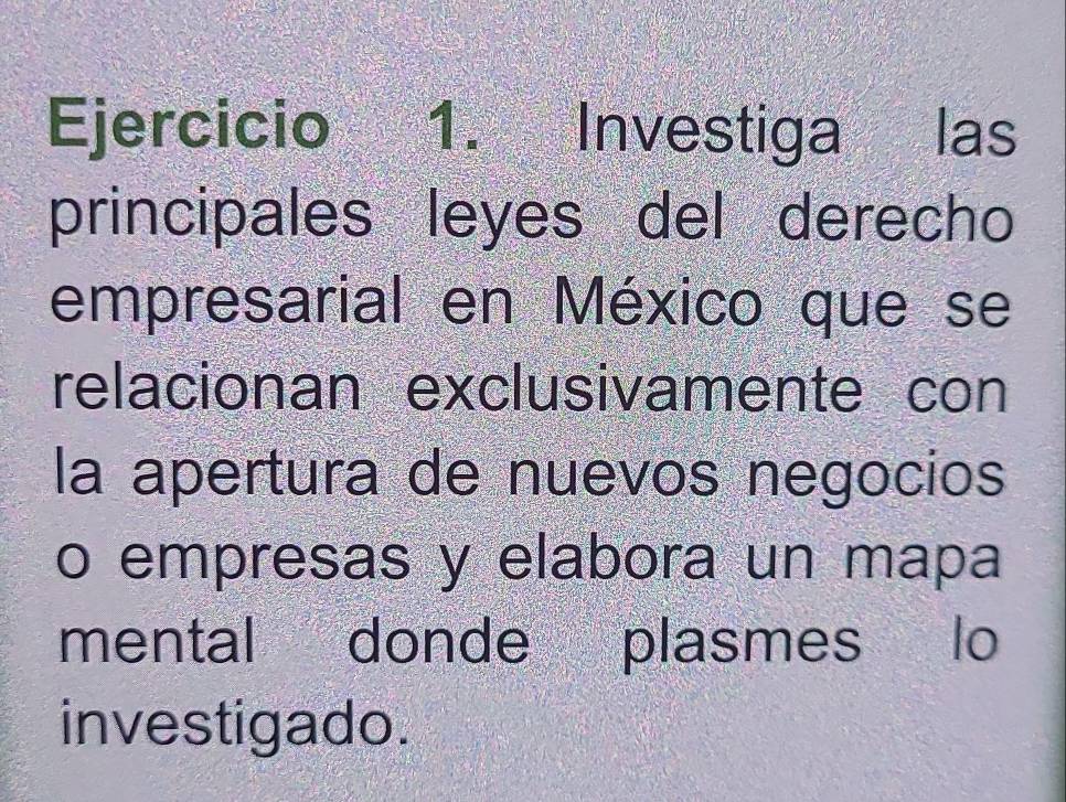 Investiga las 
principales leyes del derecho 
empresarial en México que se 
relacionan exclusivamente con 
la apertura de nuevos negocios 
o empresas y elabora un mapa 
mental donde plasmes lo 
investigado.