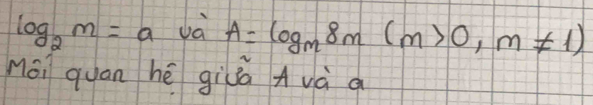 log _2m=a Jà
A=log _m8m(m>0,m!= 1)
nói quan hé giá Avà a