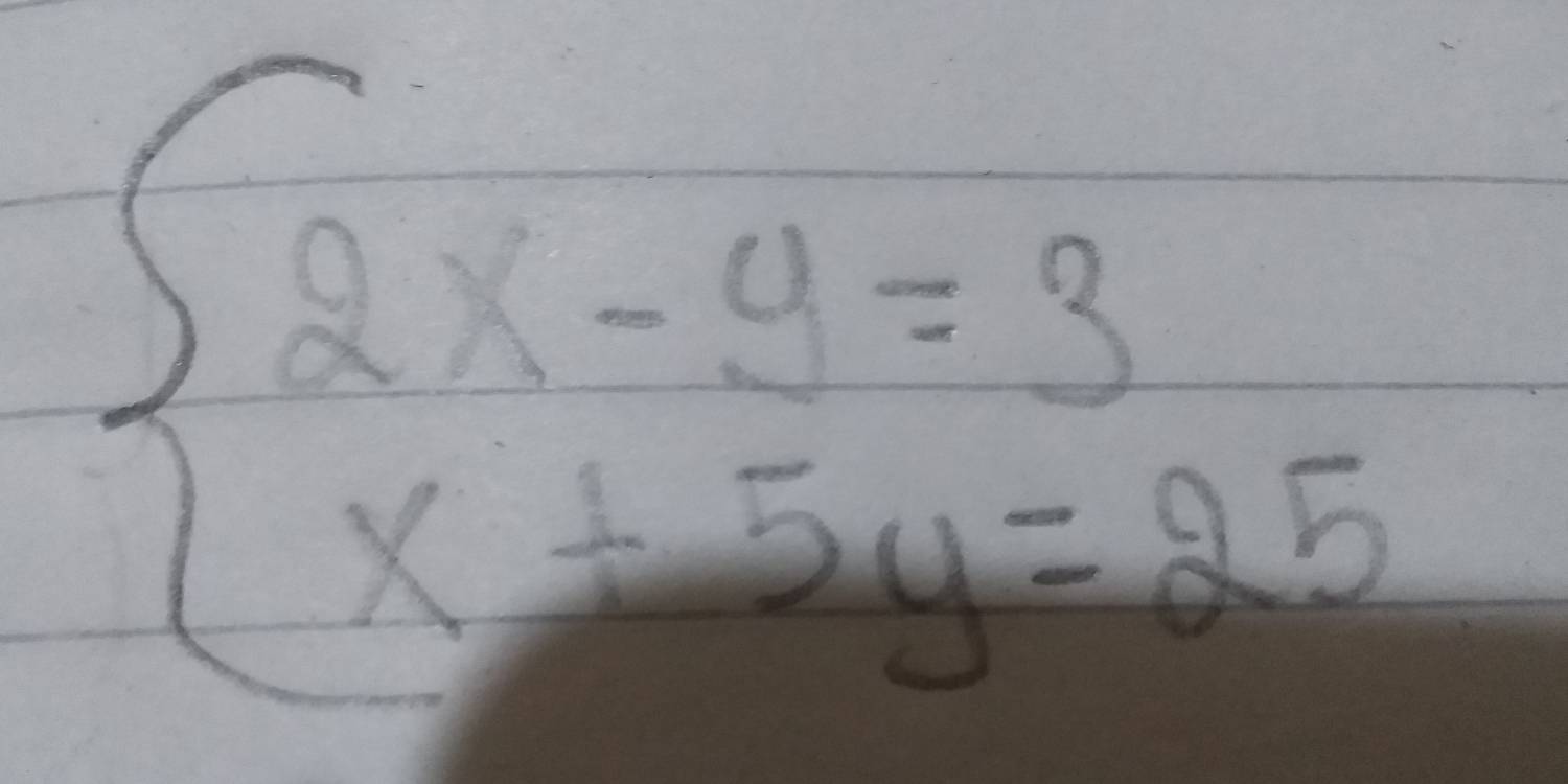 beginarrayl 2x-9=3 x+5y=25endarray.