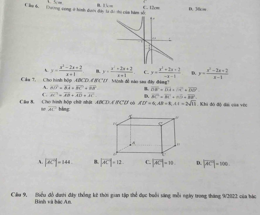 A. 5cm. B. 13cm C. 12cm D. 30cm
Câu 6. Đường cong ở hình dưới đây là đô thị của hàm số:
A. y= (x^2-2x+2)/x+1 . B. y= (x^2+2x+2)/x+1 . C. y= (x^2+2x+2)/-x-1 . D. y= (x^2-2x+2)/x-1 
Câu 7. Cho hình hộp ABCD. A'B'C'D' Mệnh đề nào sau đây đúng?
A. overline BD'=overline BA+overline BC'+overline BB'. B. overline DB'=overline DA+overline DC+overline DD'.
C. overline AC'=overline AB+overline AD+overline AC.
D. overline BC'=overline BC+B+overline BB'. 
Câu 8. Cho hình hộp chữ nhật ABCD. A' B 'C'D' có A'D'=6; AB=8; AA=2sqrt(11). Khi đó độ dài của véc
tơ overline AC' bằng:
A. |overline AC'|=144. B. |overline AC'|=12. C. |overline AC'|=10. D. |overline AC'|=100. 
Câu 9. Biểu đồ dưới đây thống kê thời gian tập thể dục buổi sáng mỗi ngày trong tháng 9/2022 của bác
Bình và bác An.