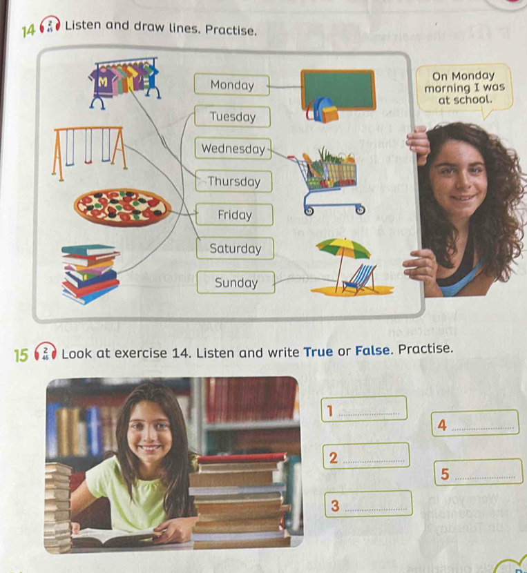 Listen and draw lines. Practise. 
15 Look at exercise 14. Listen and write True or False. Practise. 
_1 
_4 
_2 
_5 
_3