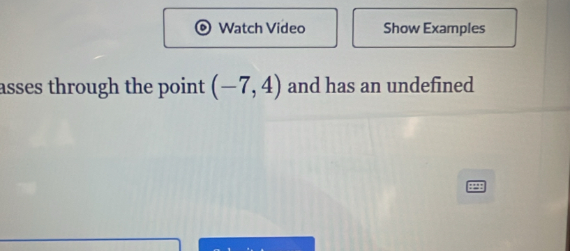 Watch Video Show Examples 
asses through the point (-7,4) and has an undefined