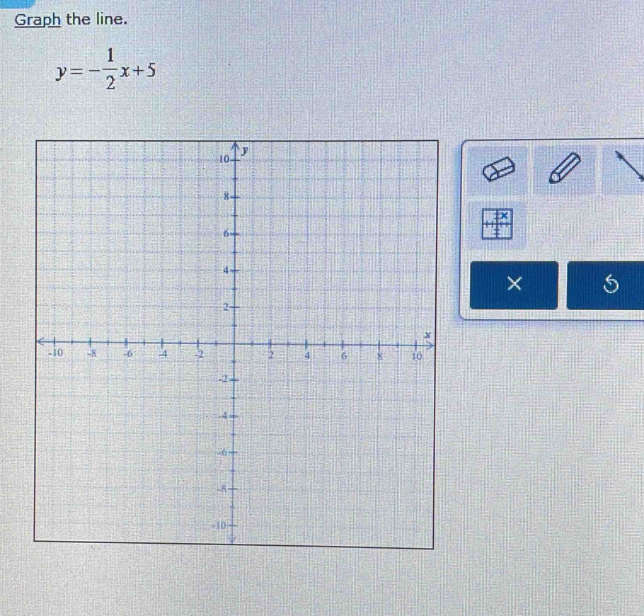 Graph the line.
y=- 1/2 x+5
×
5