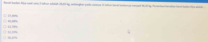 Berat badan Alya saat usia 3 tahun adalah 28,65 kg, sedangkan pada usianya 15 tahun berat badannya menjadi 48,30 kg. Persentase kenaikan berat badan Alya adalah ...
37,40%
40,68%
23,78%
32,33%
38,25%