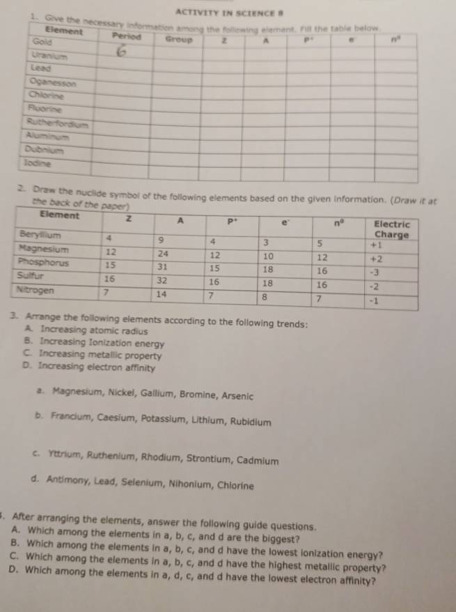 ACTIVITY IN SCIENCE 8
1. 
w the nuclide symbol of the following elements based on the given information. (Draw it at
the b
3. Arrange the following elements according to the following trends:
A. Increasing atomic radius
B. Increasing Ionization energy
C. Increasing metallic property
D. Increasing electron affinity
a. Magnesium, Nickel, Gallium, Bromine, Arsenic
b. Francium, Caesium, Potassium, Lithium, Rubidium
c. Yttrium, Ruthenium, Rhodium, Strontium, Cadmium
d. Antimony, Lead, Selenium, Nihonium, Chlorine
. After arranging the elements, answer the following guide questions.
A. Which among the elements in a, b, c, and d are the biggest?
B. Which among the elements in a, b, c, and d have the lowest ionization energy?
C. Which among the elements in a, b, c, and d have the highest metallic property?
D. Which among the elements in a, d, c, and d have the lowest electron affinity?