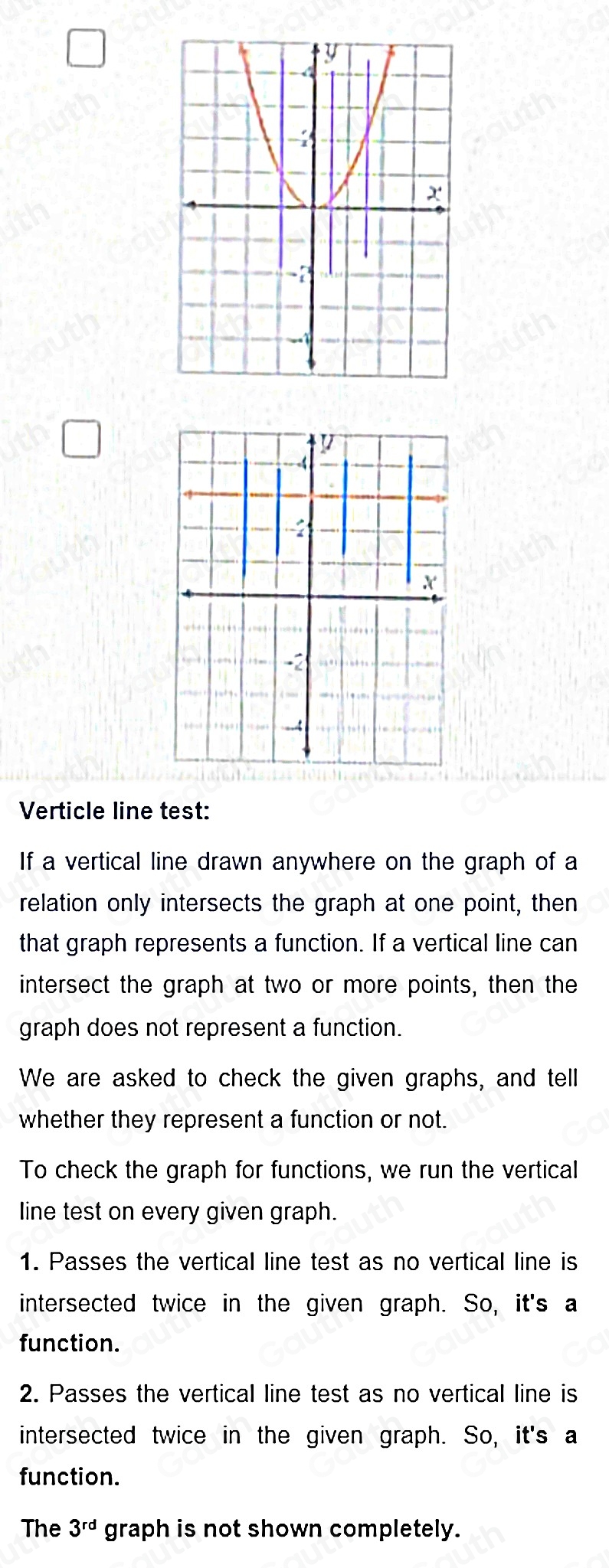 Verticle line test: 
If a vertical line drawn anywhere on the graph of a 
relation only intersects the graph at one point, then 
that graph represents a function. If a vertical line can 
intersect the graph at two or more points, then the 
graph does not represent a function. 
We are asked to check the given graphs, and tell 
whether they represent a function or not. 
To check the graph for functions, we run the vertical 
line test on every given graph. 
1. Passes the vertical line test as no vertical line is 
intersected twice in the given graph. So, it's a 
function. 
2. Passes the vertical line test as no vertical line is 
intersected twice in the given graph. So, it's a 
function. 
The 3^(rd) graph is not shown completely.