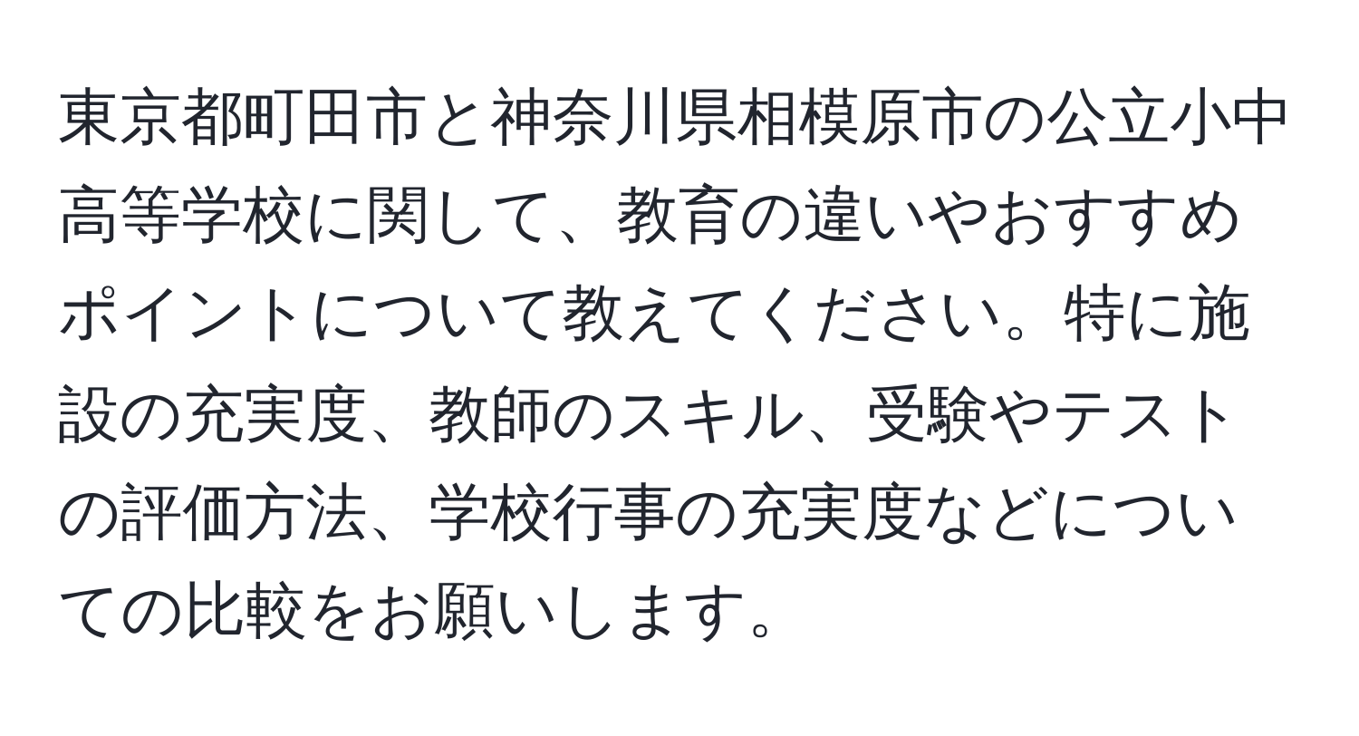 東京都町田市と神奈川県相模原市の公立小中高等学校に関して、教育の違いやおすすめポイントについて教えてください。特に施設の充実度、教師のスキル、受験やテストの評価方法、学校行事の充実度などについての比較をお願いします。