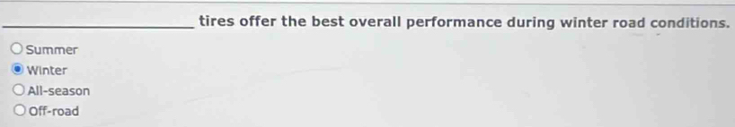 tires offer the best overall performance during winter road conditions.
Summer
Winter
All-season
Off-road