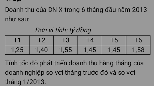 Doanh thu của DN X trong 6 tháng đầu năm 2013
như sau: 
Đơn vị tính: tỷ đồng 
Tính tốc độ phát triển doanh thu hàng tháng của 
doanh nghiệp so với tháng trước đó và so với 
tháng 1/2013.