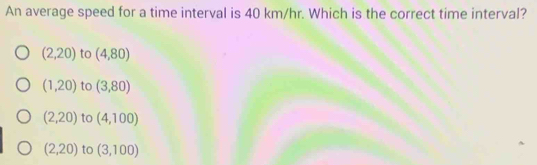 An average speed for a time interval is 40 km/hr. Which is the correct time interval?
(2,20) to (4,80)
(1,20) to (3,80)
(2,20) to (4,100)
(2,20) to (3,100)