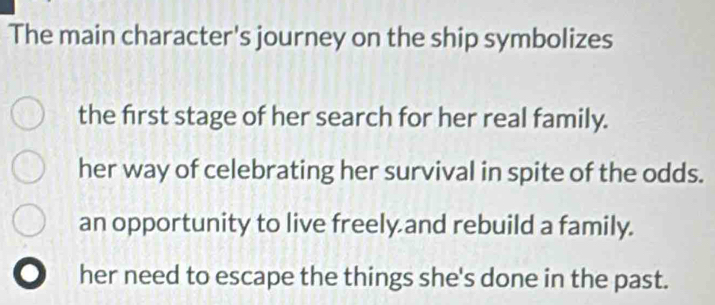 The main character's journey on the ship symbolizes
the first stage of her search for her real family.
her way of celebrating her survival in spite of the odds.
an opportunity to live freely and rebuild a family.
her need to escape the things she's done in the past.