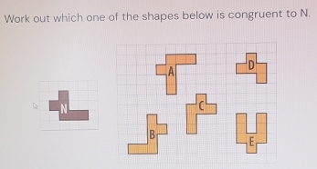 Work out which one of the shapes below is congruent to N.

C
B
E