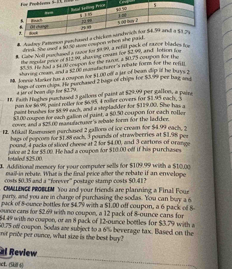 5-13, 1u Coupon
8. Audrey Patterson
drink. She used a $0.50 store coupon w
9. Gabe Noll purchased a razor for $9.99, a refill pack of razor blades for
the regular price of $12.99, shaving cream for $2.99, and lotion for
$5.55. He had a $4.00 coupon for the razor, a $0.75 coupon for the
shaving cream, and a $2.00 manufacturer's rebate form for the refill
10. Jonnie Marker has a coupon for $1.00 off a jar of bean dip if he buys 2
bags of corn chips. He purchased 2 bags of chips for $3.99 per bag and
a jar of bean dip for $2.79.
1. Faith Hughes purchased 3 gallons of paint at $29.99 per gallon, a paint
pan for $6.99, paint roller for $6.95, 4 roller covers for $1.95 each, 3
paint brushes for $8 99 each, and a stepladder for $119.00. She has a
$3.00 coupon for each gallon of paint, a $0.50 coupon for each roller
cover, and a $25.00 manufacturer's rebate form for the ladder.
12. Mikail Rasmussen purchased 2 gallons of ice cream for $4.99 each, 2
bags of popcorn for $1.88 each, 3 pounds of strawberries at $1.98 per
pound, 4 packs of sliced cheese at 2 for $4.00, and 3 cartons of orange
juice at 2 for $5.00. He had a coupon for $10.00 off if his purchases
totaled $25.00.
3. Additional memory for your computer sells for $109.99 with a $10.00
mail-in rebate. What is the final price after the rebate if an envelope
costs $0.35 and a “forever” postage stamp costs $0.41?
CHALLENGE PROBLEM You and your friends are planning a Final Four
party, and you are in charge of purchasing the sodas. You can buy a 6
pack of 8-ounce bottles for $4.79 with a $1.00 off coupon, a 6 pack of 8-
ounce cans for $2.69 with no coupon, a 12 pack of 8-ounce cans for
$4.49 with no coupon, or an 8 pack of 12-ounce bottles for $3.79 with a
60.75 off coupon. Sodas are subject to a 6% beverage tax. Based on the
it price per ounce, what size is the best buy?
al Review
ct. (Skill 6)