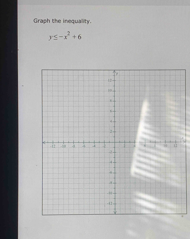 Graph the inequality.
y≤ -x^2+6
x