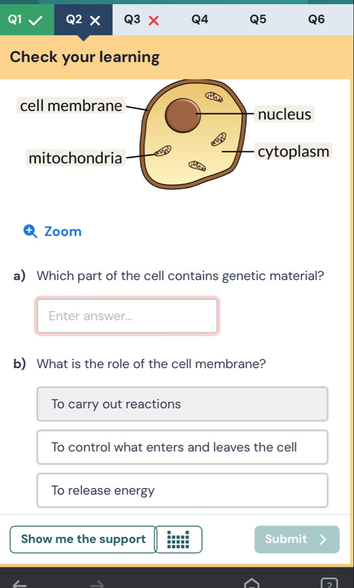 × Q3 Q4 Q5 Q6
Check your learning
Zoom
a) Which part of the cell contains genetic material?
Enter answer...
b) What is the role of the cell membrane?
To carry out reactions
To control what enters and leaves the cell
To release energy
Show me the support Submit