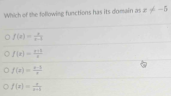 Which of the following functions has its domain as x!= -5
f(x)= x/x-5 
f(x)= (x+5)/x 
f(x)= (x-5)/x 
f(x)= x/x+5 