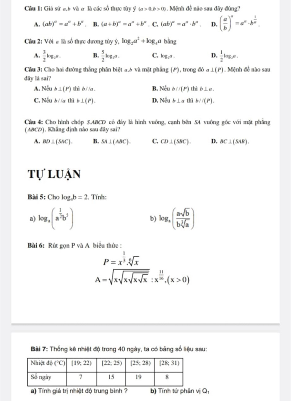 Giả sử a,b và α là các số thực tùy hat y(a>0,b>0). Mệnh đề nào sau đây đúng?
A. (ab)^a=a^a+b^a B. (a+b)^a=a^a+b^a. C. (ab)^alpha =a^(alpha)· b^(alpha). D. ( a/b )^a=a^a· b^(frac 1)a.
Câu 2: Với # là số thực dương tùy ý, log _2a^2+log _4a bằng
A.  3/2 log _2a. B.  5/2 log _2a. C. log _2a. D.  1/2 log _2a.
Câu 3: Cho hai đường thắng phân biệt a,b và mặt phẳng (P), trong đó a⊥ (P). Mệnh đề nào sau
đây là sai?
A. Nếu b⊥ (P) thì b//a. B. Nếu b//(P) thì b⊥ a.
C. Nếu b//a thì b⊥ (P). D. Nếu b⊥ a thì b//(P).
Câu 4: Cho hình chóp S.ABCD có đáy là hình vuông, cạnh bên SA vuông góc với mặt phẳng
(ABCD). Khẳng định nào sau đây sai?
A. BD⊥ (SAC). B. SA⊥ (ABC). C. CD⊥ (SBC). D. BC⊥ (SAB).
tự luận
Bài 5: Cho log _ab=2. Tính:
a) log _a(a^(frac 1)2b^5) log _a( asqrt(b)/bsqrt[3](a) )
b)
Bài 6: Rút gọn P và A biểu thức :
P=x^(frac 1)3.sqrt[6](x)
A=sqrt(xsqrt xsqrt xsqrt x):x^(frac 11)16,(x>0)
Bài 7: Thống kê nhiệt độ trong 40 ngày, ta có bảng số liệu sau:
a) Tính giá trị nhiệt độ trung bình ? b) Tính tứ phân vị Q_1