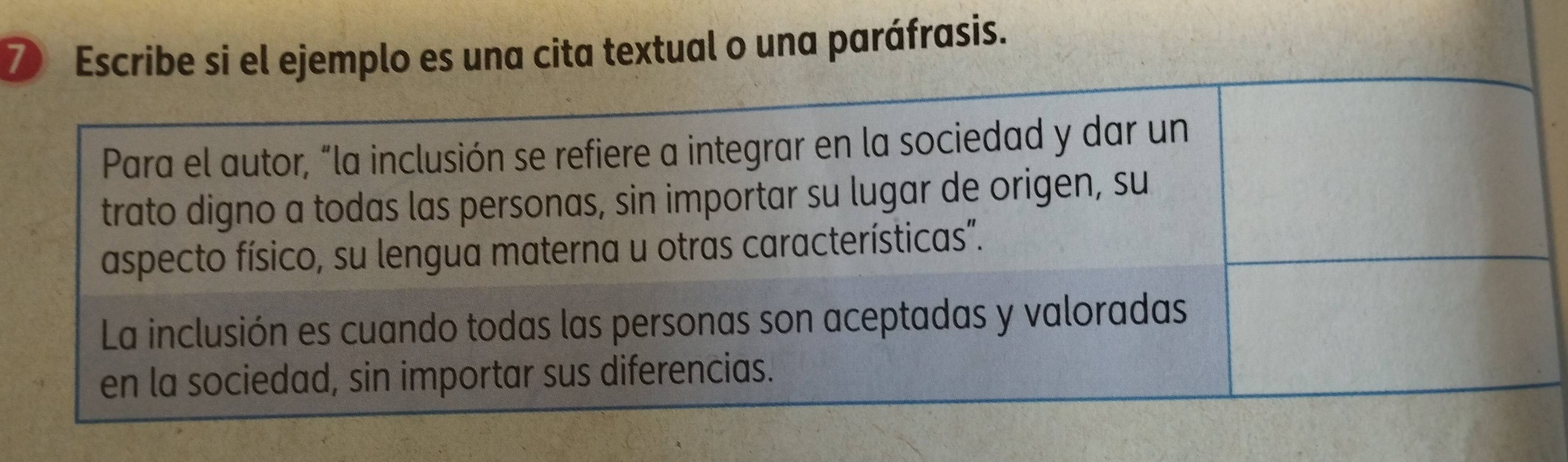 ⑦ Escribe si el ejemplo es una cita textual o una paráfrasis.