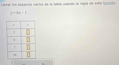 Llenar los espacios vacíos de la tabla usando la regla de esta función.
y=6x-1