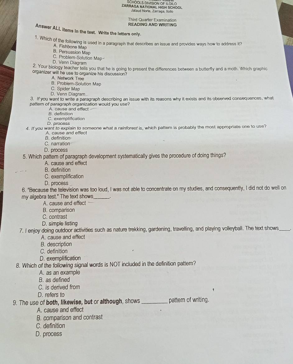 SCHOOLS DIVSION OF ILOILO
ZARRAGA NATIONAL HIGH SCHOOL
Jalaud Norte, Zarraga, Iloilo
Third Quarter Examination
READING AND WRITING
Answer ALL items In the test. Write the letters only.
1. Which of the following is used in a paragraph that describes an issue and provides ways how to address it?
A. Fishbone Map
B. Persuasion Map
C. Problem-Solution Map
D. Venn Diagram
2. Your biology teacher tells you that he is going to present the differences between a butterfly and a moth. Which graphic
organizer will he use to organize his discussion?
A. Network Tree
B. Problern-Solution Map
C. Spider Map
D. Venn Diagram
3. If you want to write a paragraph describing an issue with its reasons why it exists and its observed consequences, what
pattern of paragraph organization would you use?
A. cause and effect
B. definition
C. exemplification
D. process
4. If you want to explain to someone what a rainforest is, which pattern is probably the most appropriate one to use?
A. cause and effect
B. definition
C. narration
D. process
5. Which pattern of paragraph development systematically gives the procedure of doing things?
A. cause and effect
B. definition
C. exemplification
D. process
6. "Because the television was too loud, I was not able to concentrate on my studies, and consequently, I did not do well on
my algebra test." The text shows_ .
A. cause and effect
B. comparison
C. contrast
D. simple listing
7. I enjoy doing outdoor activities such as nature trekking, gardening, travelling, and playing volleyball. The text shows_
A. cause and effect
B. description
C. definition
D. exemplification
8. Which of the following signal words is NOT included in the definition pattern?
A. as an example
B. as defined
C. is derived from
D. refers to
9. The use of both, likewise, but or although, shows _pattern of writing.
A. cause and effect
B. comparison and contrast
C. definition
D. process