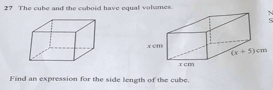 The cube and the cuboid have equal volumes.
N
s
Find an expression for the side length of the cube.