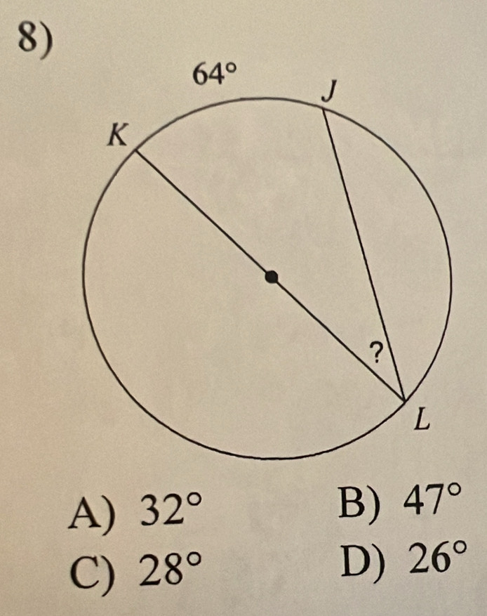 A) 32°
B) 47°
C) 28°
D) 26°