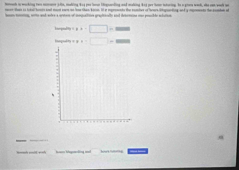 Newach is working two summer joba, making $14 por hour lifeguarding and making $25 per hour tutoring. In a given week, she can work no 
more than 11 total hours and must earn no less than $200. If 2 represents the number of hours lifegnarding and y represents the number of
hours tumring, write and solve a system of inequalities graphically and determine one possible solution. 
Inequality r y≥slant -□ □ 
Inequality z : y x=□ m □ □ □
Answes Auoops yost né 
Nevseh could work hours lifeguarding and □ hours tutoring. Gitre Astevers