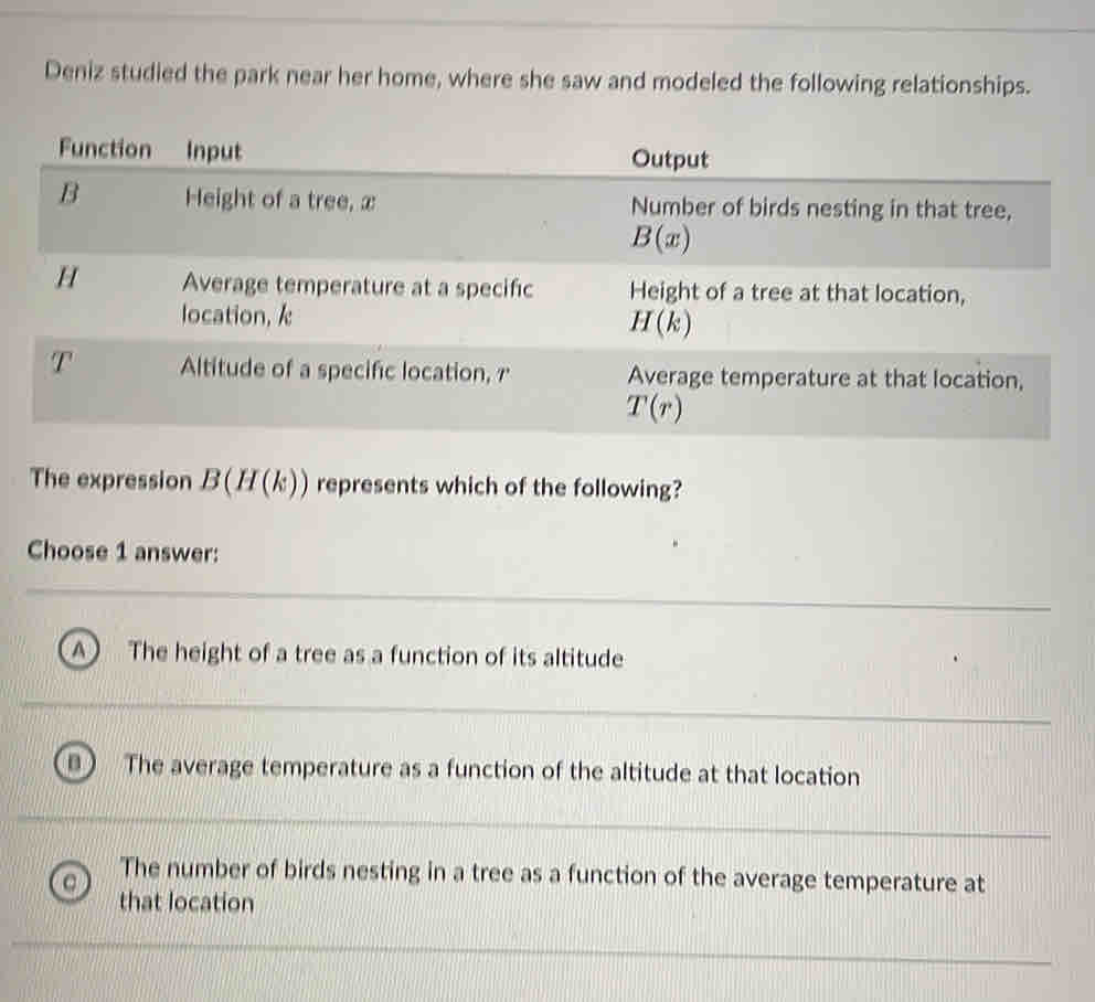 Deniz studied the park near her home, where she saw and modeled the following relationships.
Choose 1 answer:
A) The height of a tree as a function of its altitude
The average temperature as a function of the altitude at that location
The number of birds nesting in a tree as a function of the average temperature at
that location